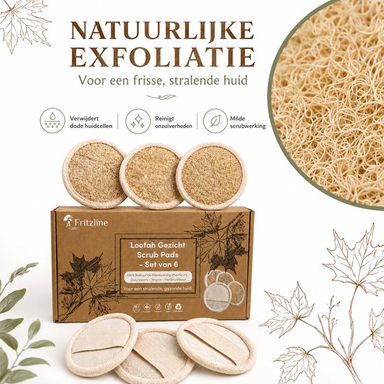 Een Fritzline doos met loofah gezicht scrub pads. Drie pads bovenop, drie met bandjes vooraan. Natuurlijke exfoliatie voor een frisse, stralende huid. Verwijder dode huidcellen, reinigt onzuiverheden, milde scrubwerking.