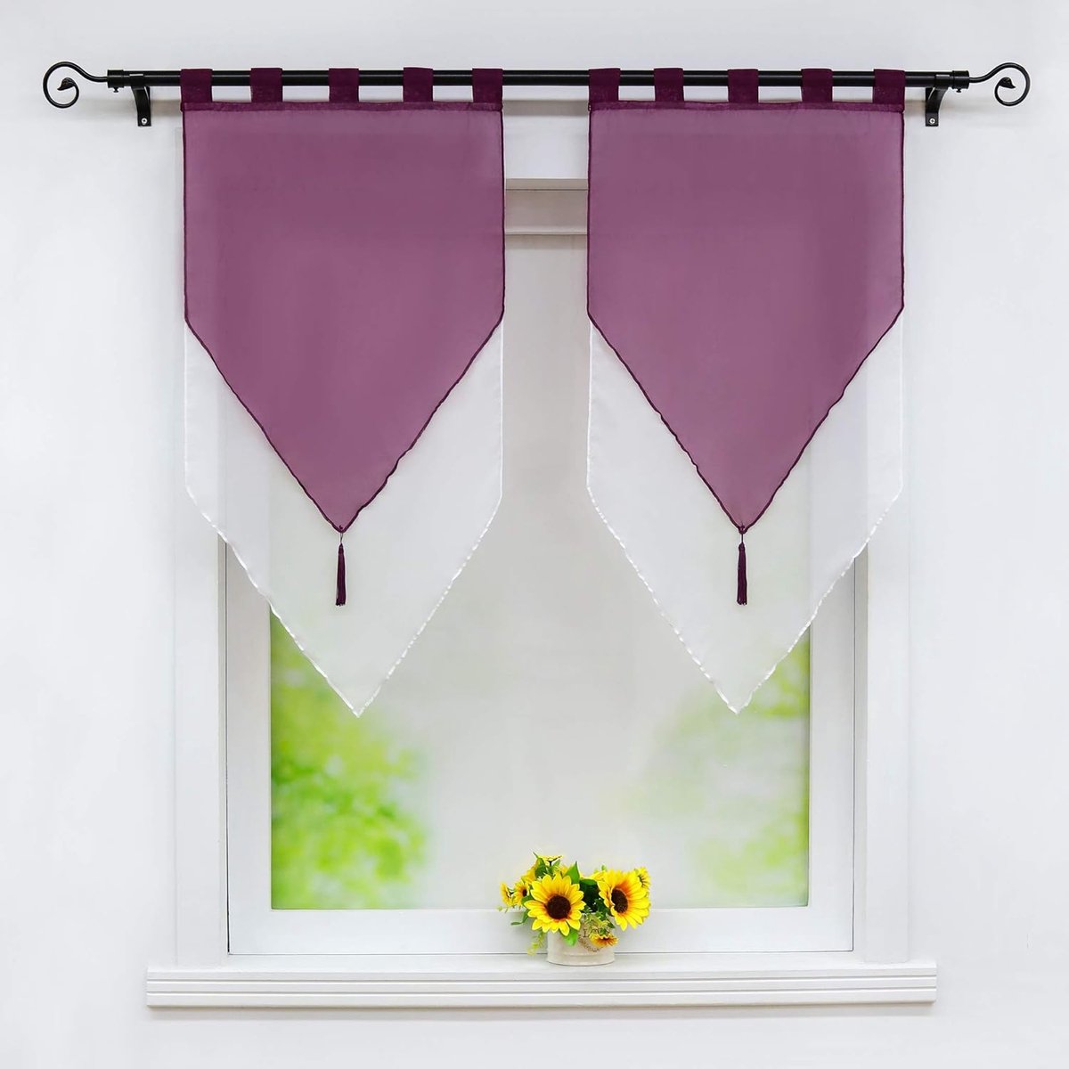 Lydia Set van 2 Dubbellaags Transparante Polyester Schuifgordijnen met Franje met Pompon Raamdecoratie voor Keuken Woonkamer Paars/Wit LxH 60 x 90 cm