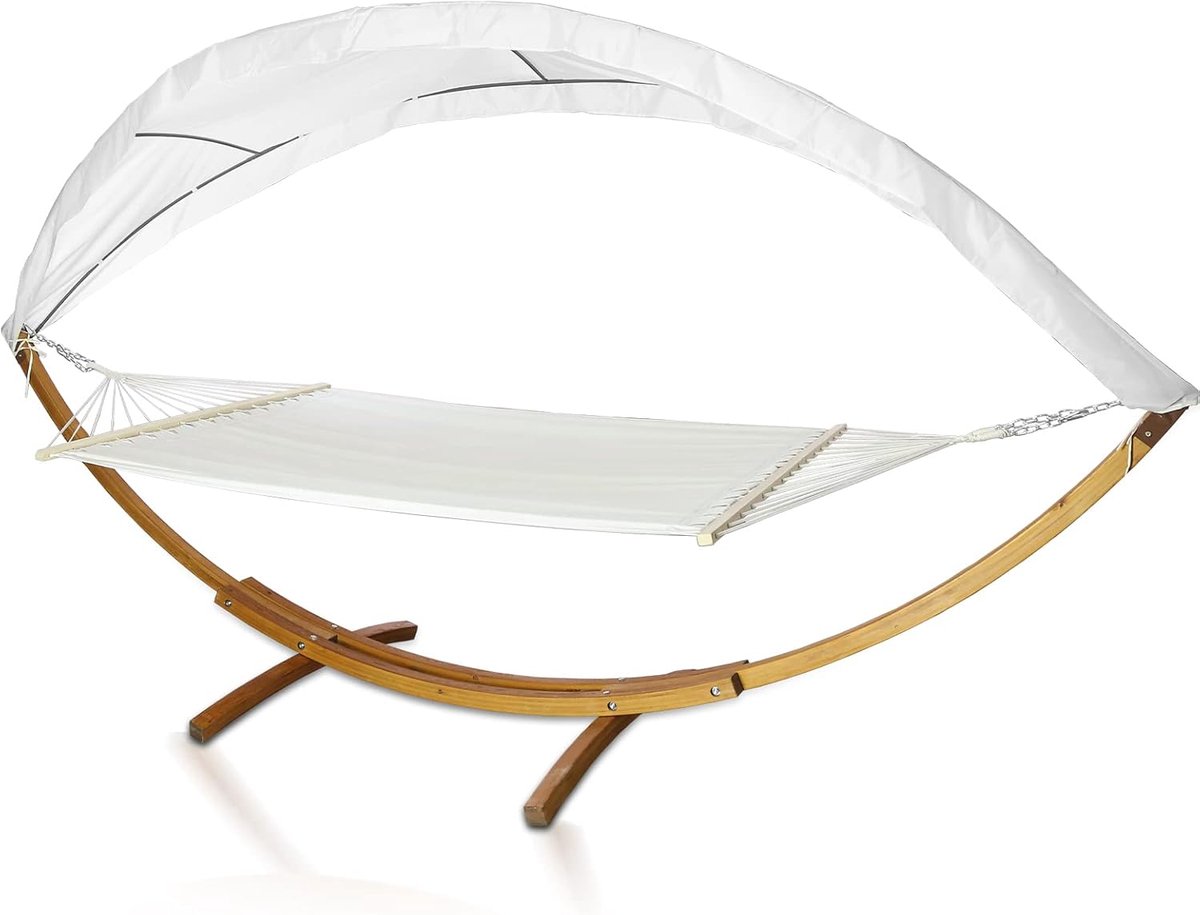Hangmat XXL, 410 cm, met frame en zonnedak, ligoppervlak 200 x 150 cm, hangmat van weerbestendig larikshout, tot 200 kg, staafhangmat voor 2 personen, voor binnen en buiten