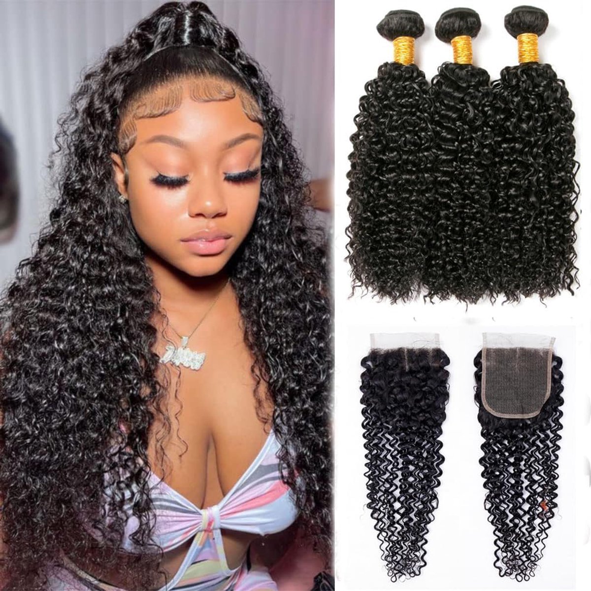 Menselijk Haar Bundels met Sluiting Kinky Krullend Weave Bundels Menselijk Haar 100% Onverwerkte Braziliaanse Virgin Haar Bundels met 4x4 Sluiting 12 14 16+10 inch Natuurlijke Zwarte Kleur