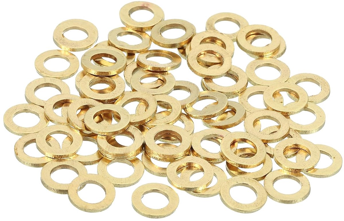 Platte messing schijven, M5, set van geperste sluitringen van koper voor bouten, schroeven, mechanische reparaties en outdoor, 5 mm × 9 mm × 1 mm (ID × OD × dikte)