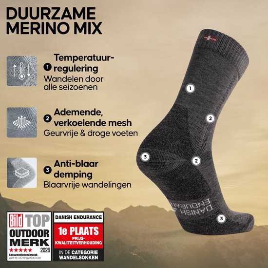 Donkergrijze wandelsok van merinowolmix met markeringen 1, 2, 3 voor temperatuurregeling, ademend mesh en anti-blaar demping.