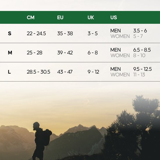 Maattabel voor sokken met maten in CM, EU, UK en US. Een wandelaar op een bergtop op de achtergrond.