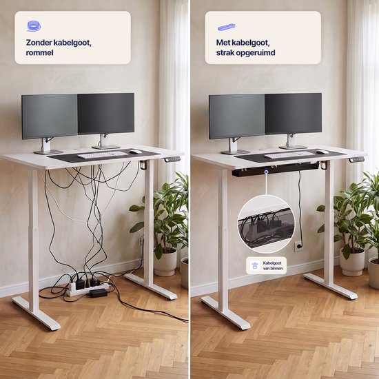 Twee werkplekken, links een bureau met rommelige kabels, rechts een bureau met opgeruimde kabels in een kabelgoot.