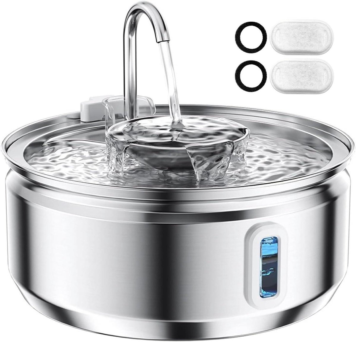 Thijox - Roestvrijstalen Kattenfontein 3,2L - Stille Automatische Drinkfontein met Waterkraan en Waterniveauvenster - Inclusief 2 Filters en 2 Sponzen