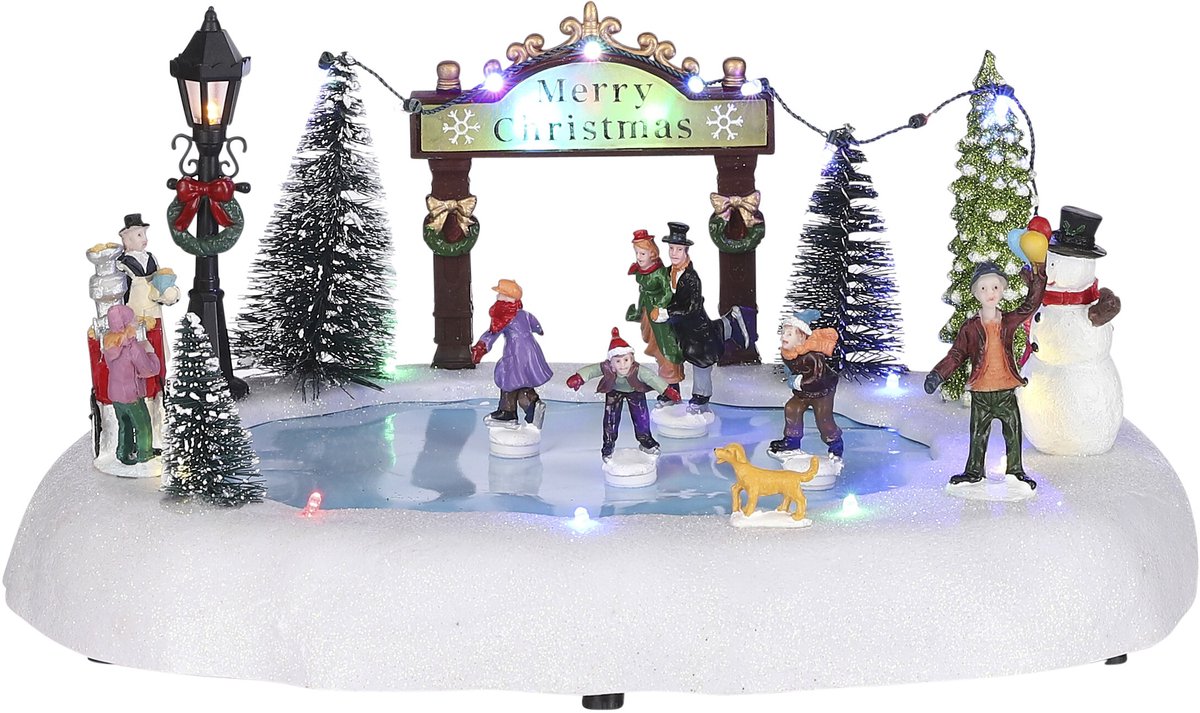 Luville Kerstdorp Miniatuur Schaatsers op de Vijver - Kerstversiering met Verlichting en Kerstmuziek - Kerst Decoratie voor Kerstdorp - Winterse Schaatsscène - L32 x B25 x H15 cm - Blauw