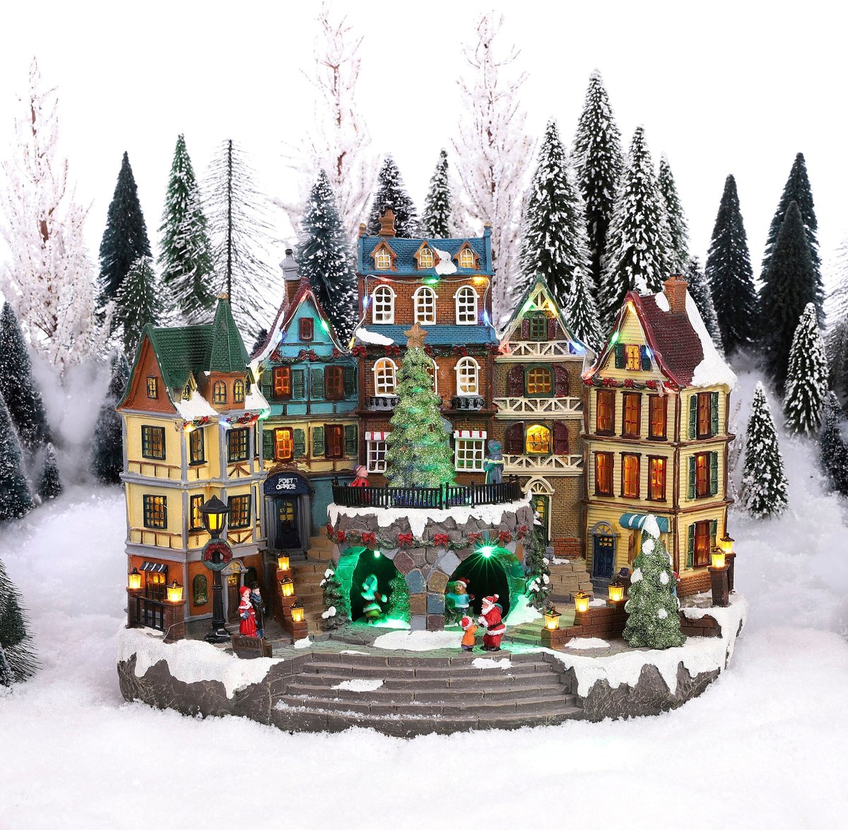 Luville Kerstdorp Miniatuur Dorpsplein - Kerstversiering met Draaiende Kerstboom - Kerstslingers voor Sfeervolle Aankleding - Kerst Deco Dorpje - L42 x B25 x H32 cm - Meerkleurig – foto 2