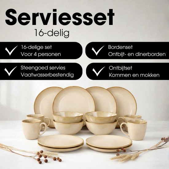 16-delig beige steengoed servies voor 4 personen: borden, mokken en kommen.