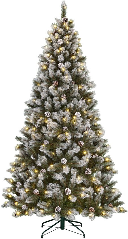Black Box Trees Pittsfield Kunstkerstboom met Verlichting - Kerstversiering voor Binnen - Kunstboom met Dennenappels en Sneeuweffect - Scharnierconstructie - H185 x Ø102 cm - Groen Frosted