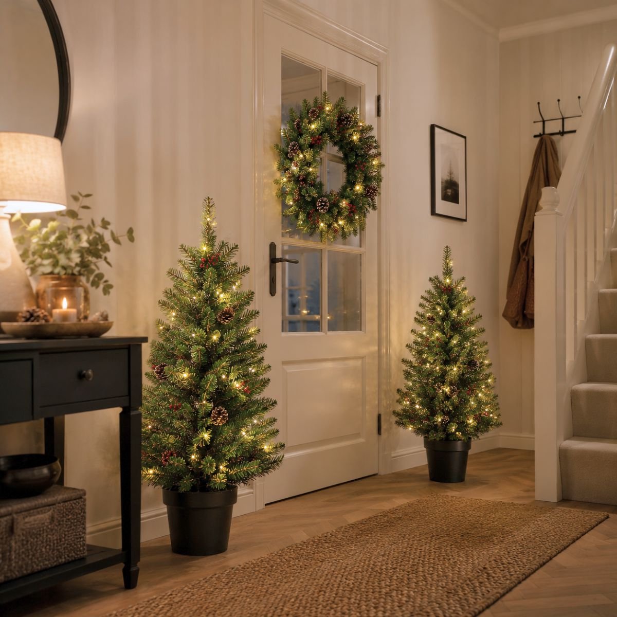 Black Box Trees Creston Kerstboom en Kerstkrans Set - 2 Kunstkerstbomen en 1 Krans met LED Verlichting - Groen – foto 7