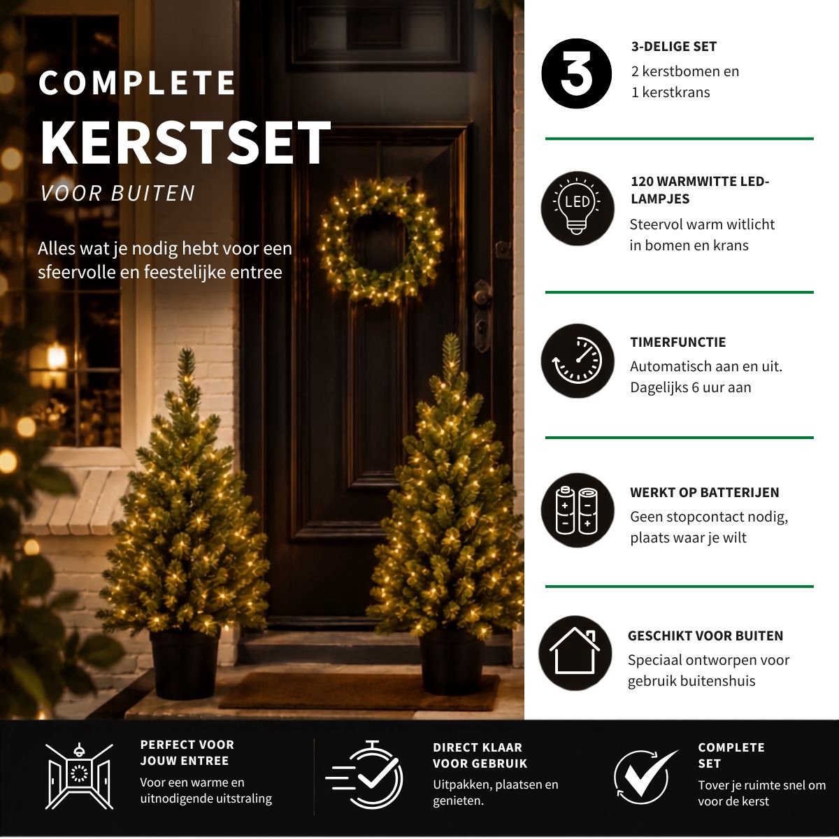 Black Box Trees Nagoya Kerstboom en Kerstkrans Set - 2 Kunstkerstbomen en 1 Krans met LED Verlichting - H90 x Ø45 cm - Groen – foto 2