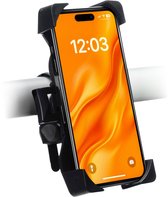 Zwarte fiets telefoonhouder met een smartphone met feloranje achtergrond.