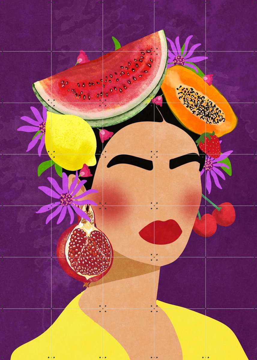 IXXI Frida and Fruits, Raissa Oltmanns - 100 x 140 cm - Gratis ophangtool - Grote wanddecoratie en posters - Kleurrijk, Illustraties, Speels