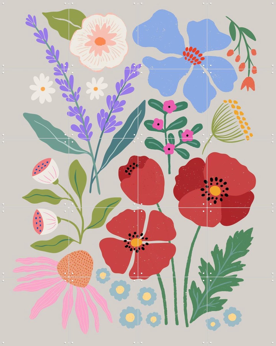 IXXI Poppies and Lavender Meadow, Katarzyna Gąsiorowska & Various - 80 x 100 cm - Gratis ophangtool - Grote wanddecoratie en posters - Illustraties