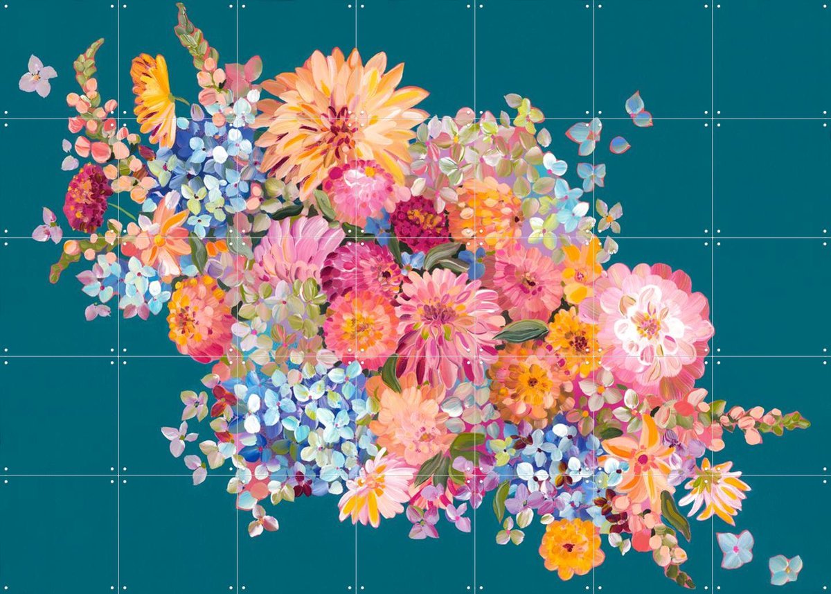 IXXI Big Bunch On Peacock Blue, Libby Chambers - 140 x 100 cm - Gratis ophangtool - Grote wanddecoratie en posters - Kleurrijk, Speels, Digitale
