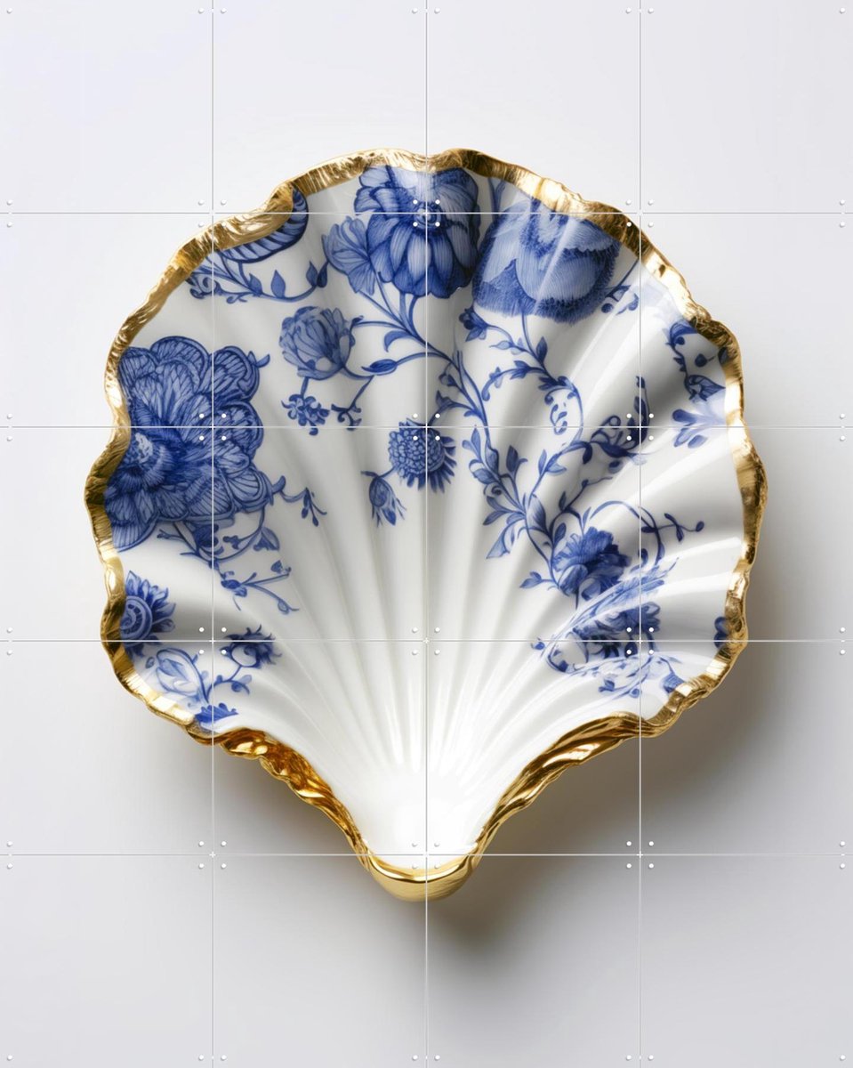 IXXI Delft Blue Shell with Gold Edge and Floral Pattern, OTTI - 80 x 100 cm - Gratis ophangtool - Grote wanddecoratie en posters - Decoratieve