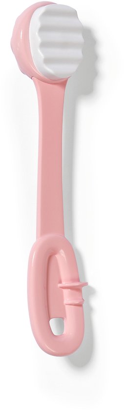 Roze babyborstel met een ovalen handvat en een borstelkop met ribbels.
