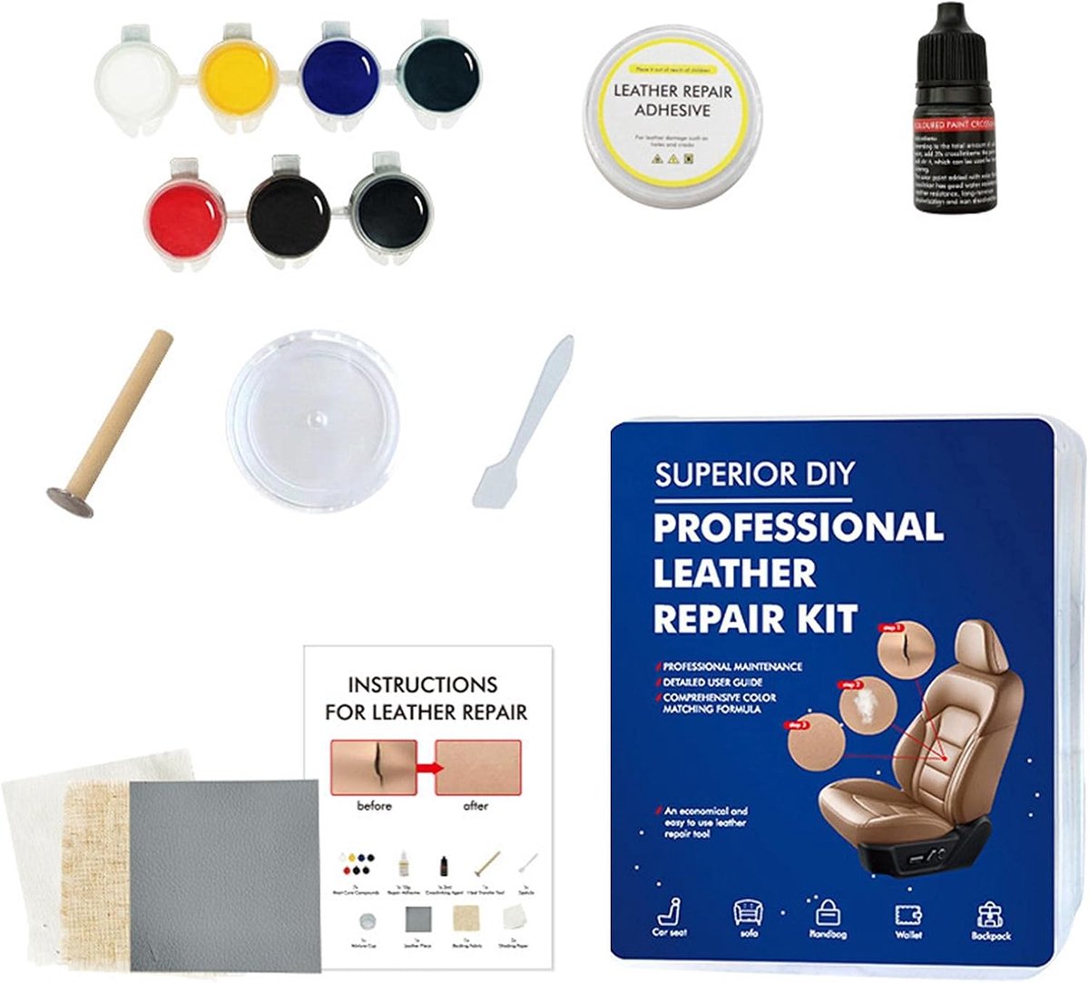 Leather Care Kit - Leerreparatiecrème - 7 Kleuren - Eenvoudig te Bedienen - voor Autostoelen, Bank, Lederen Jas