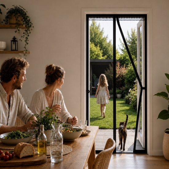 Een gezin eet aan tafel, met een meisje dat naar de tuin loopt en een kat die naar de hor kijkt.