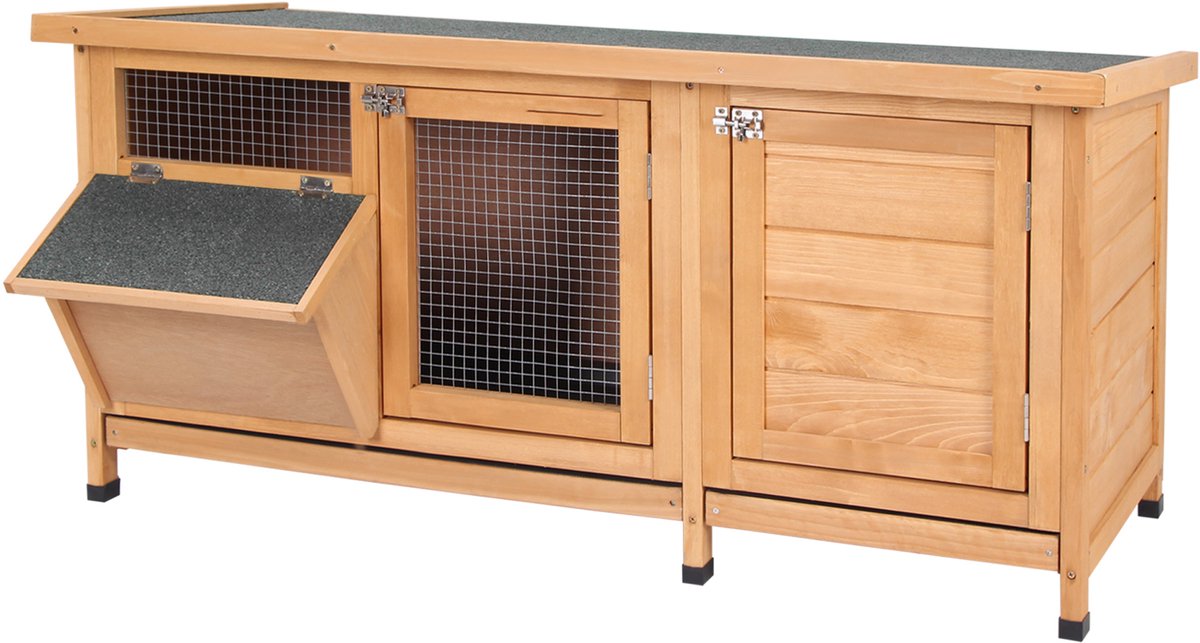 Konijnenhok op poten, 112x50x54 cm, natuurhout & zwart, met bitumen dak, 2 deuren en 2 mestlades