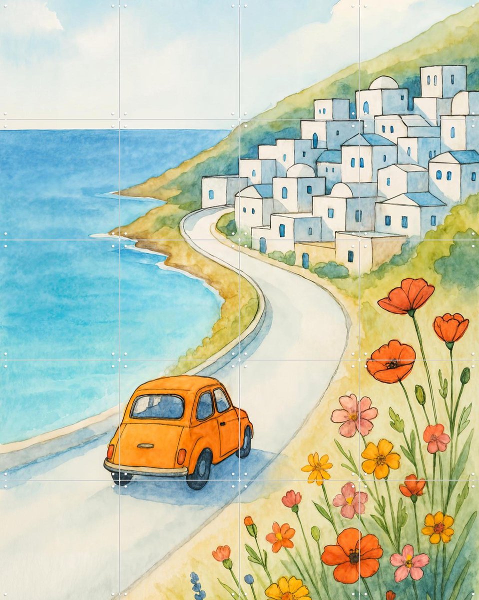 IXXI Zomerse Roadtrip aan Zee, Natalie Bruns - 80 x 100 cm - Gratis ophangtool - Grote wanddecoratie en posters - Aquarel, Woonkamer, Strandhuis