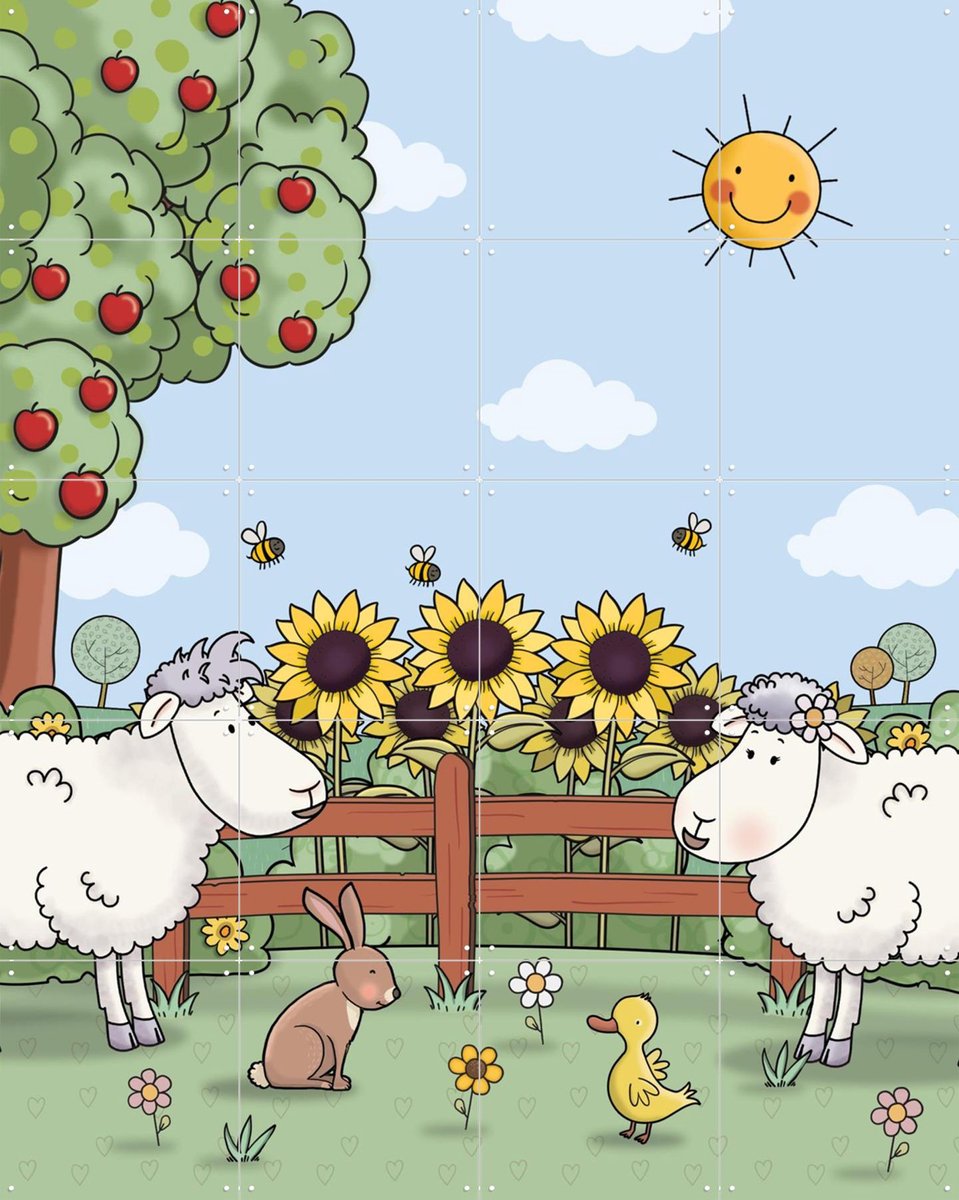 IXXI Mike & Molly met zonnebloemen, Mike & Molly & Van Hoorne Studios - 80 x 100 cm - Gratis ophangtool - Grote wanddecoratie en posters - Kleurrijk