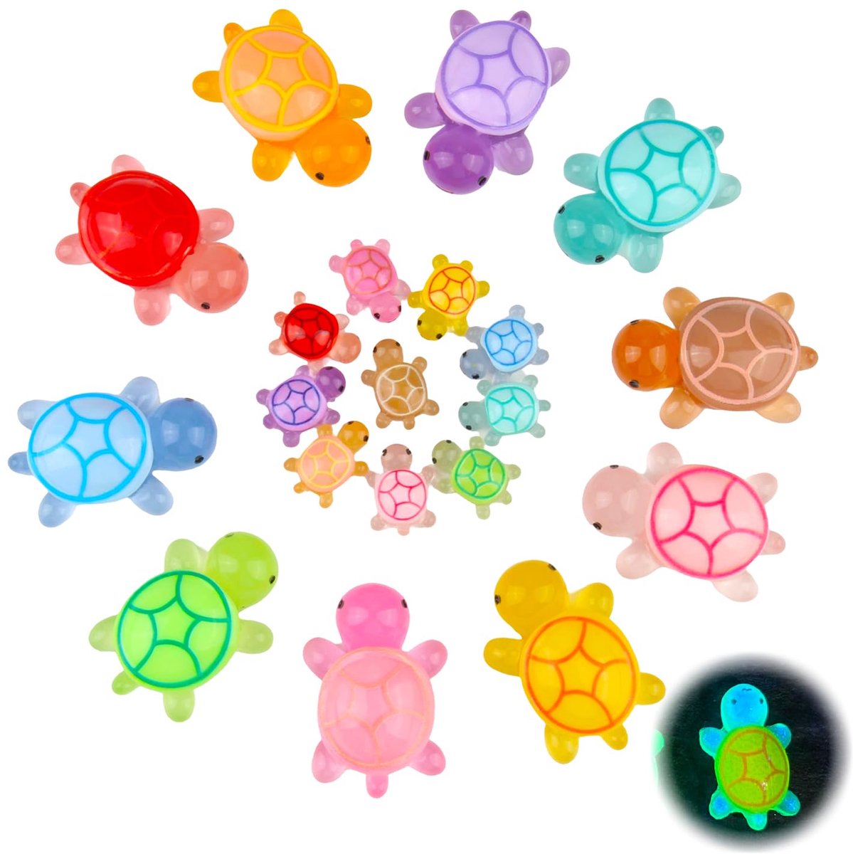 20 stuks mini-schildpadden van kunsthars, meerkleurig, miniatuurschildpadden, 2 maten, mini-dieren, oplichtend, voor doe-het-zelvers, decoratie voor aquarium, tuin, huis