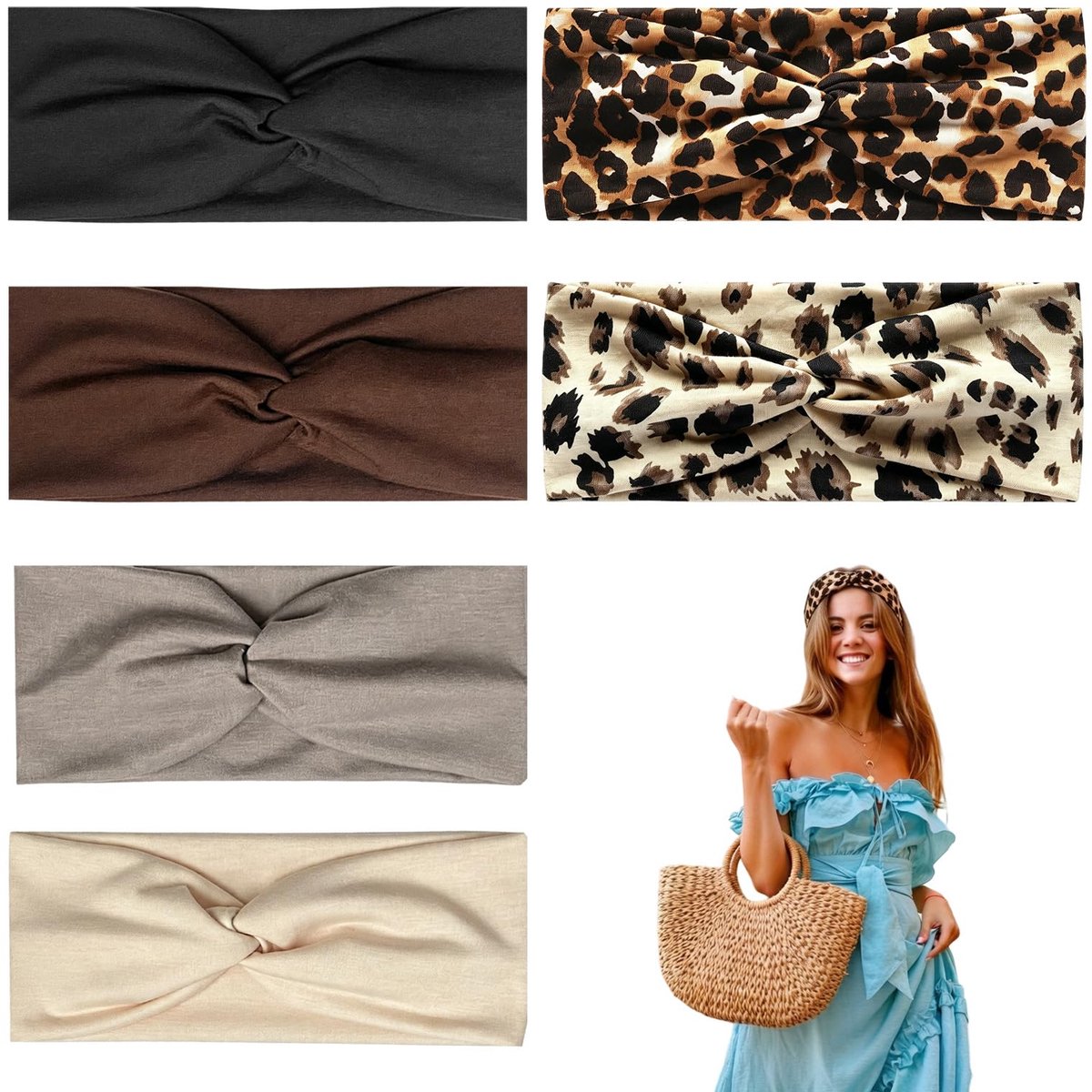 Haarband voor dames, 6 stuks, voor sport, elastisch, antislip, dun, zacht, voor yoga, fitness, dagelijks gebruik, luipaardpatroon en effen kleur