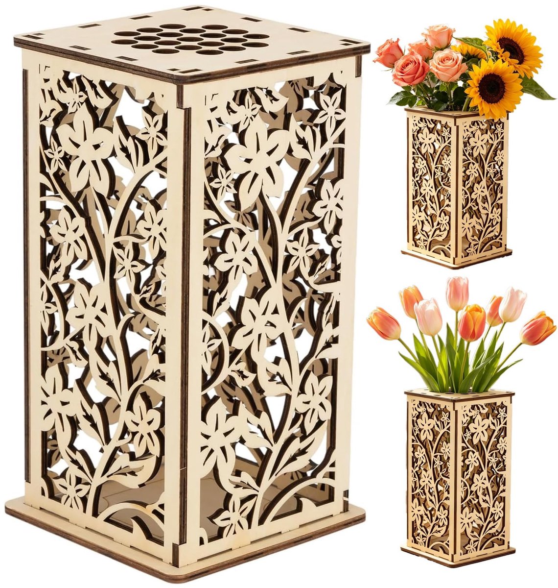 Vaas DIY Hout Vasen Decor, Houten Bloemenvaas Modern Compatibel met Lego Bloemen, 3D Puzzel Tekenbaar Bloemenvaas voor Rozen, Kersenbloesems, Zonnebloemen, Tulpen, Narcissen (Natuurlijke