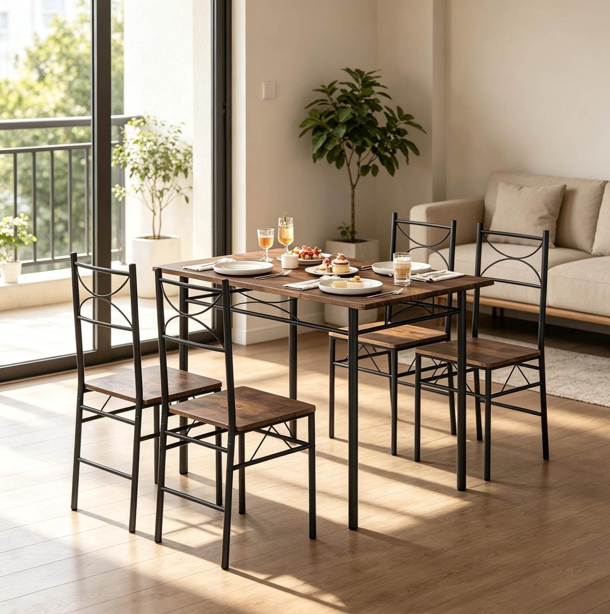 MODFU Eetkamerset-Modern-Rustiek Bruin-Zwart-Metaal-4 Stoelen
