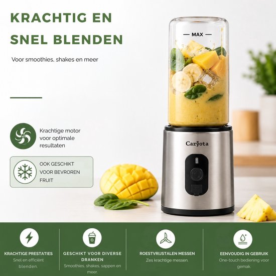 Caryota Mini Blender - Draagbare Blender To Go - Glas - 400ML - Lekvrij - Portable Blender - Smoothie Maker - USB-C - Lichtgewicht - Soepmaker van Caryota — afbeelding 2
