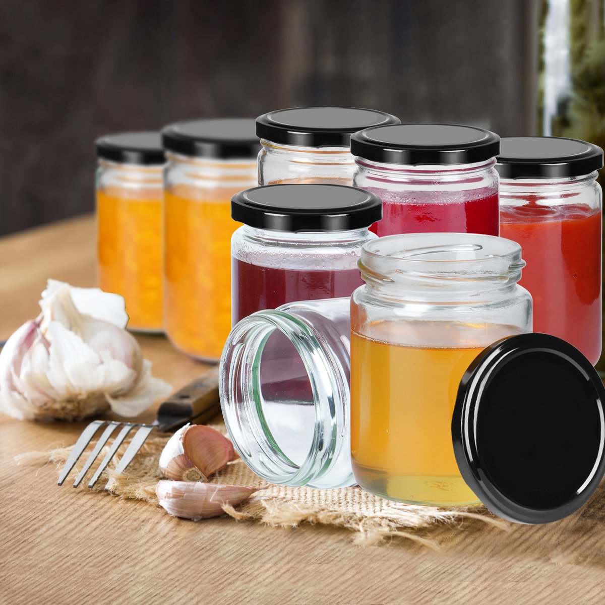Froadp 350ML Met Deksel Marmeladekruiken 36 Stuks, Glazen Bewaarpotten Set met Etiketten, Stift, Spatel en Vork voor Voedselopslag, DIY, Cadeaus, Decoratie - Zwart