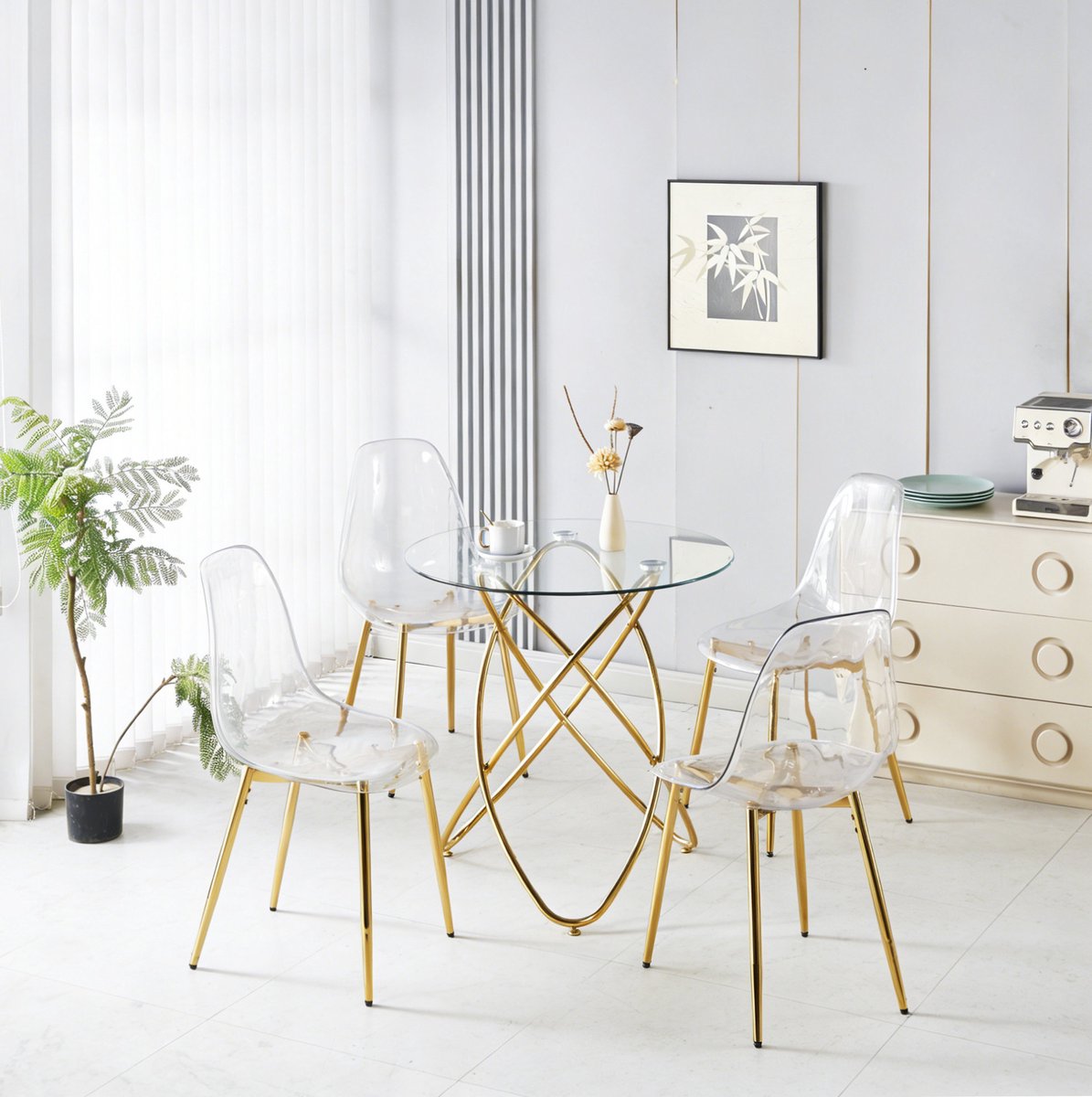 REDOM - Set tafel en stoelen - 1 tafel en 4 stoelen - ronde glazen tafel - hoge rugleuning - modern - metaal en fluweel - goud - 80 x 80 x 75 cm