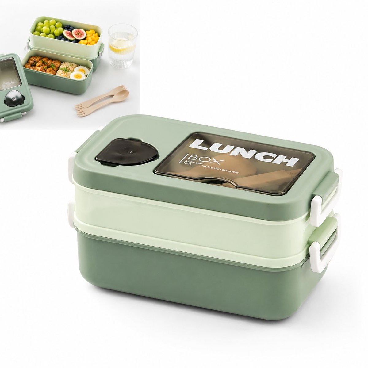 VHV-Lunchbox - Lekkagevrije Bento Box met 1400 ml Capaciteit, Handig Vakje voor Saus en Bestek voor Werk, School en Reizen - Groen
