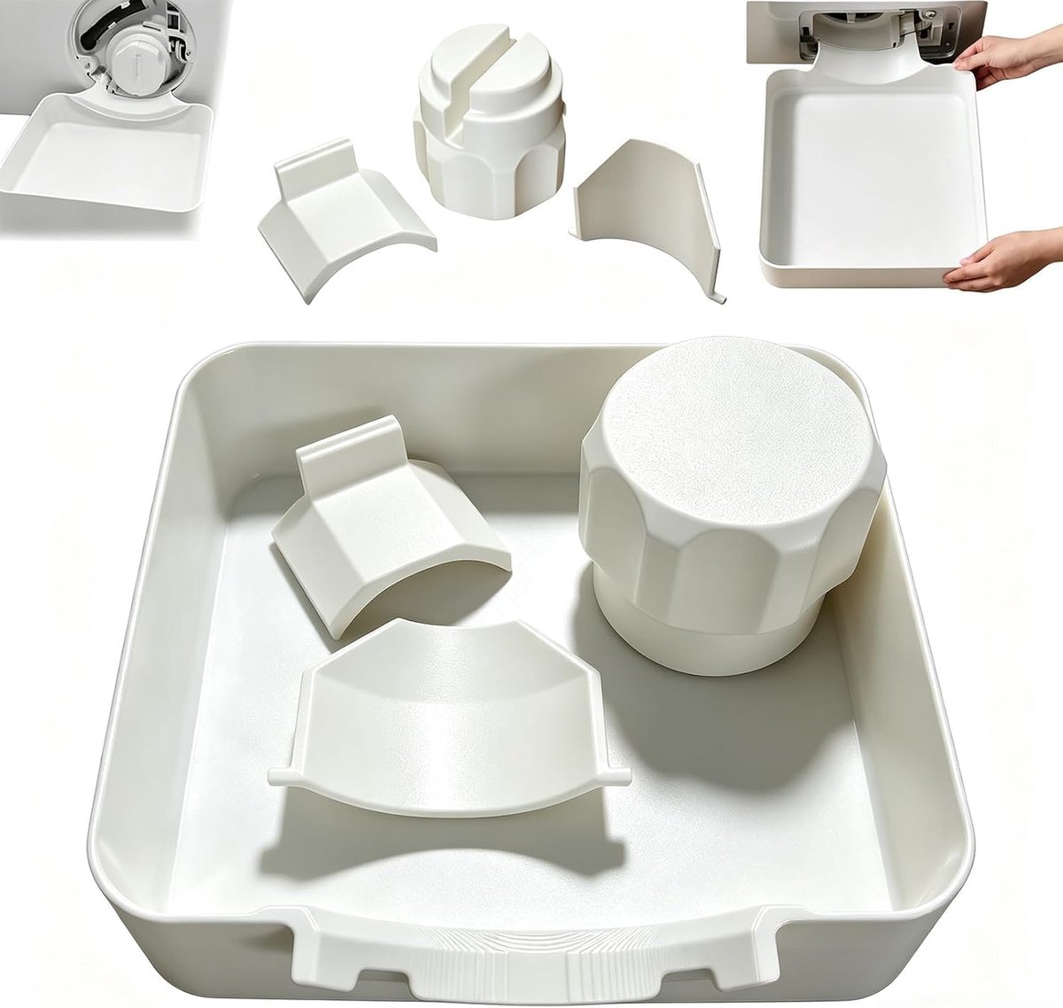 KZQ Afvoerbak voor wasmachine - Afvoerbak - Hulpmiddel voor het openen van de deksel - Universele afvoergeleider - Samsung afvoergeleider - 17,8 x 17,8 x 5 cm - Geschikt voor kelders, appartementen, stacaravans en garages - 4-delige set