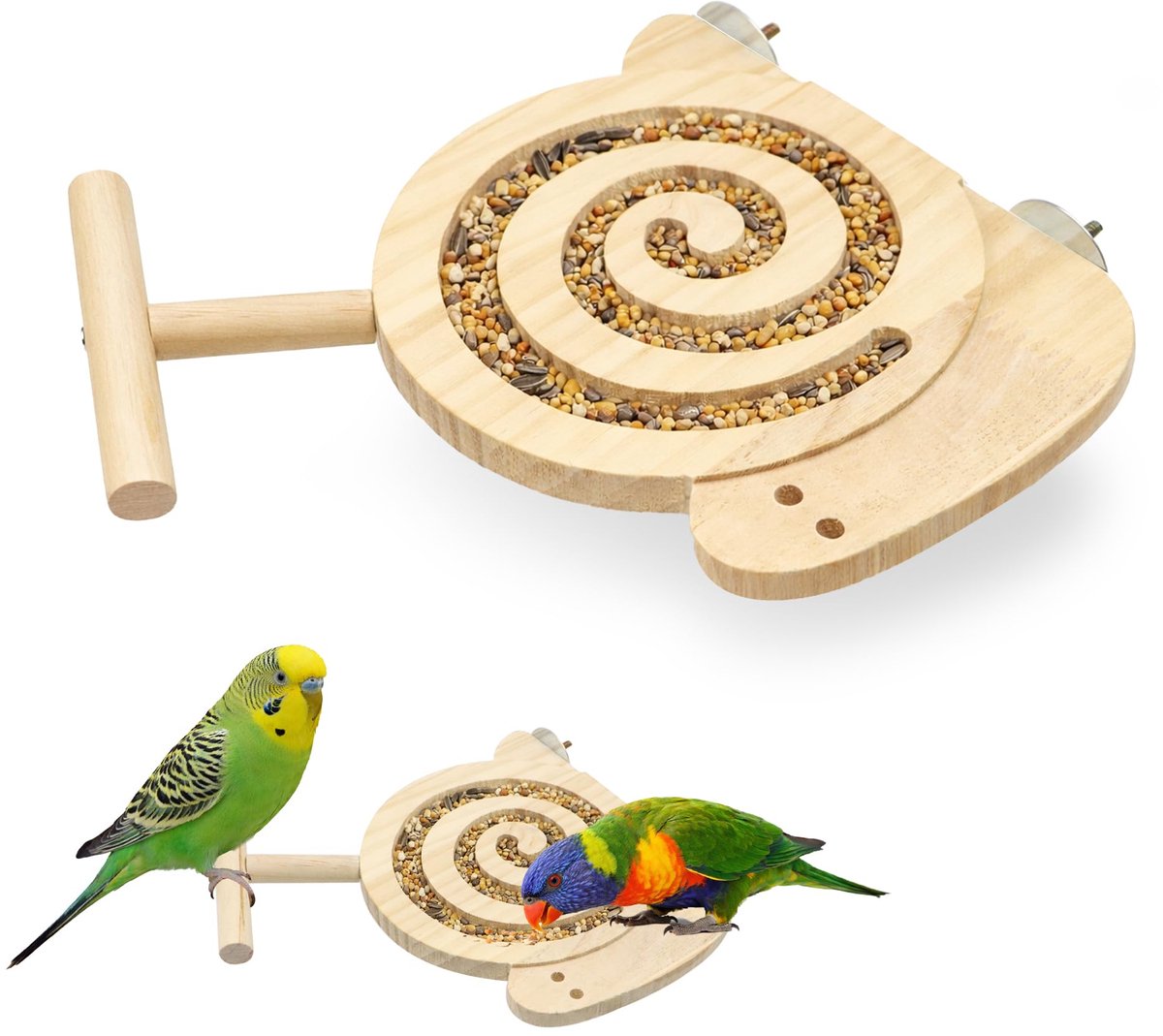 Namajunas - Vogel Speelgoed - met Perch Interactive - 16x20cm - Slakkenpatroon - Grenenhout - Voor Agapornis En Parkiet - Parkietenkooien Accessoires - Anti-schrok voerbak
