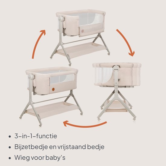 Illustration montrant la fonction 3 en 1 du lit cododo beige : lit d'appoint, lit indépendant et berceau.