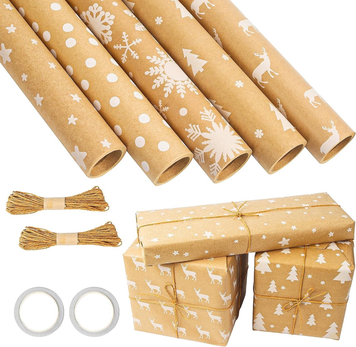 Cadeaupapier voor Kerstmis, 43 cm x 3 m, cadeaupapier voor verjaardag, met 2 x henneptouw + 2 x dubbelzijdig plakband, voor geschenkverpakking, Kerstmis, bruiloft, verjaardag