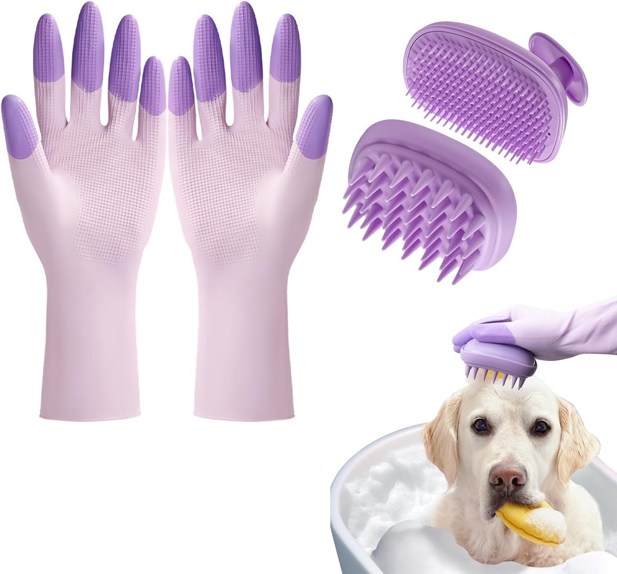 2-in-1 badborstel, rubberen strip voor honden, katten, kort haar en lang haar, met antislip handschoenen, hondenborstel voor de badkuip, droog en nat gebruik