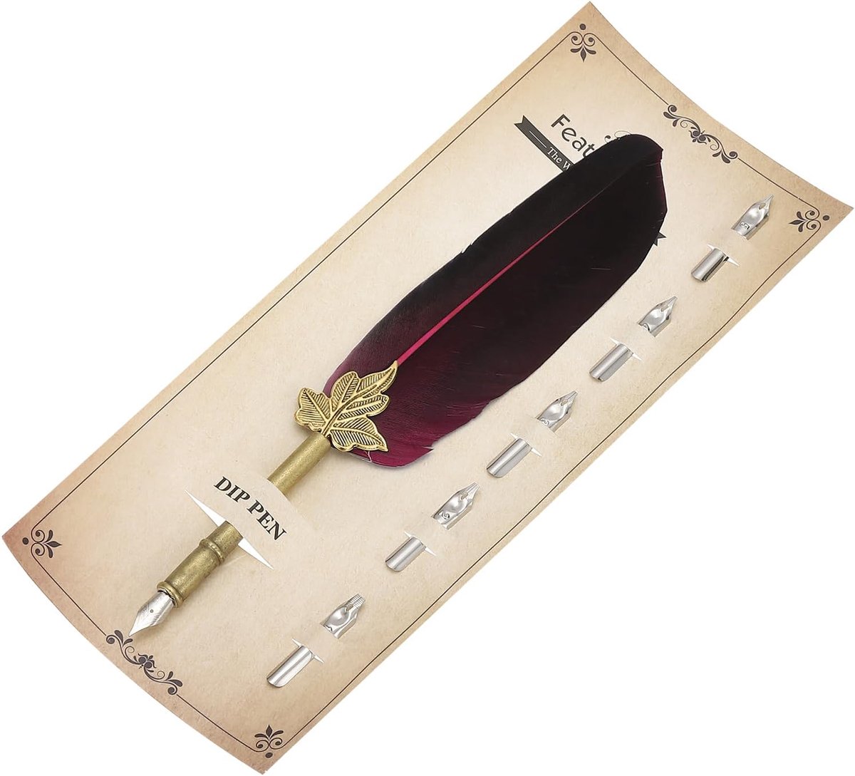 Veerpen, 9.4 Inch Vintage Quill Pen Veer Dip Pen met 5 Stks Vervanging Pennen voor Schrijven Kalligrafie Bruiloft Handtekening Gast, Rood