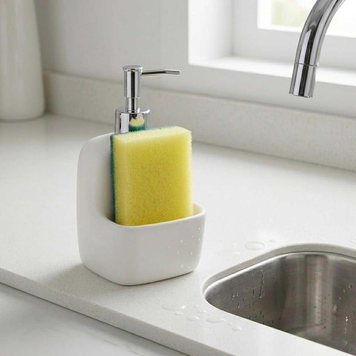 Zeepdispenser van glanzend keramiek met sponshouder en verchroomde pomp, moderne zeepdispenser voor badkamer en keuken, ook ideaal voor afwasmiddel (wit)
