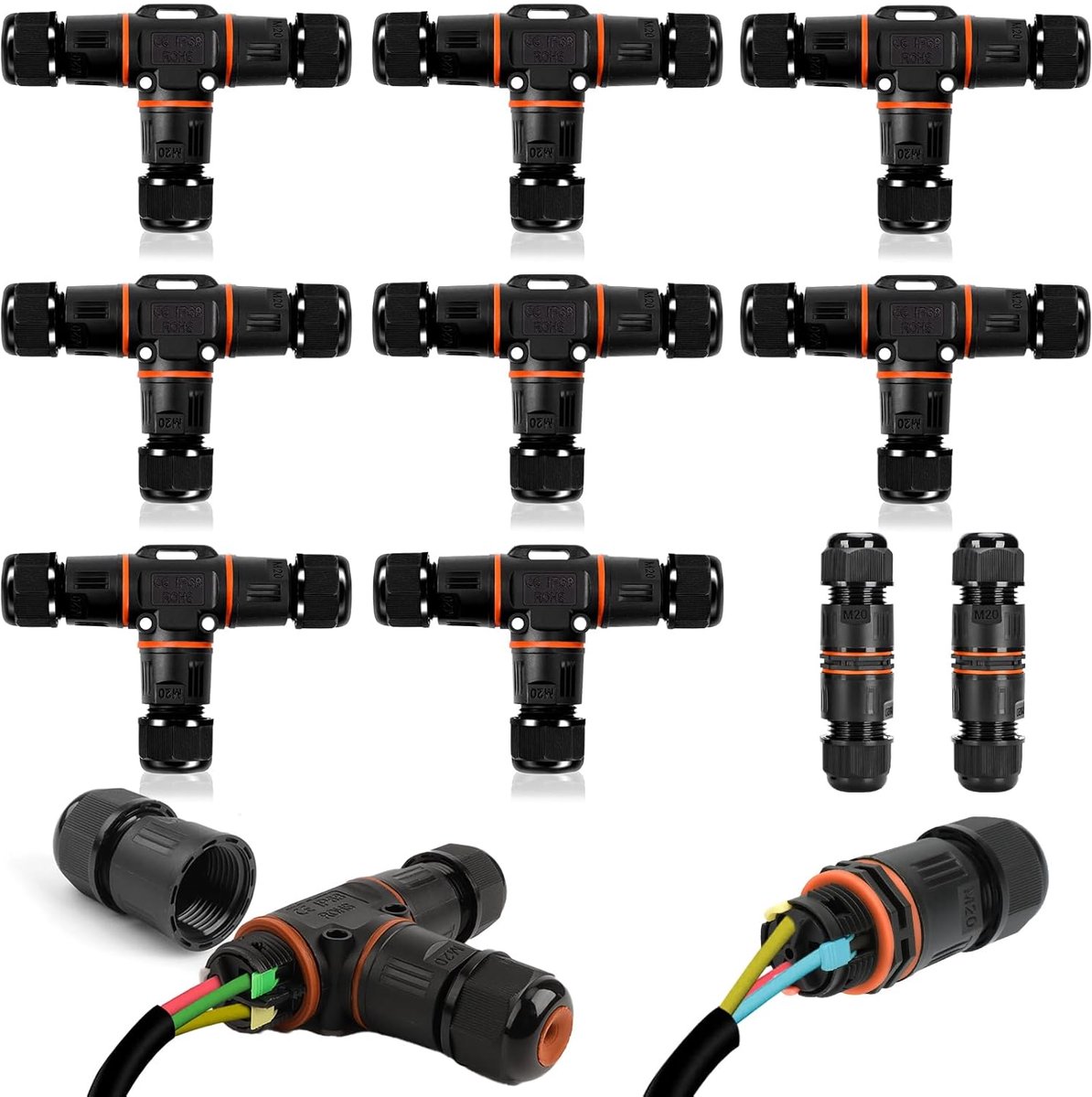10 stuks kabelverbinders waterdicht IP68, T-vorm en rechte kabelverbinder, waterdichte 3-polige aardkabel verbindingsmof voor Ø3-12 mm en Ø5-8 mm kabeldiameter