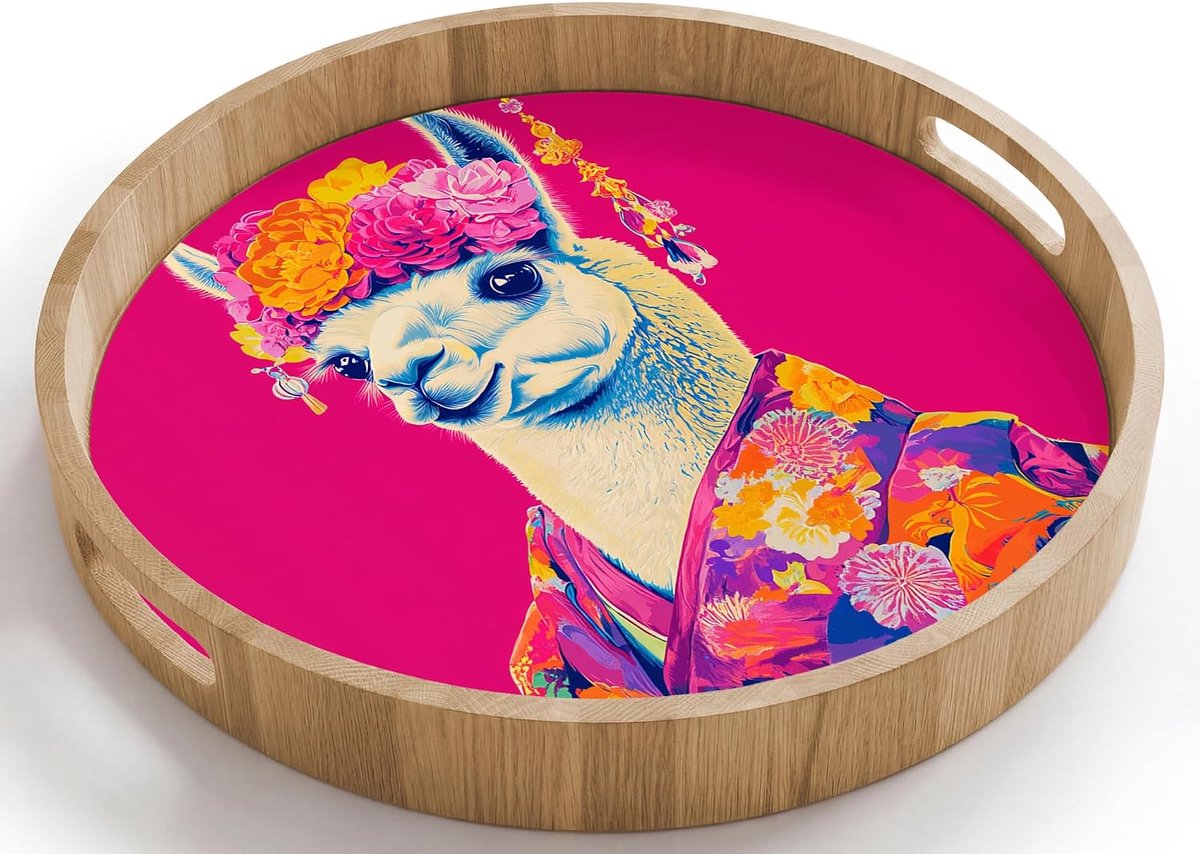 Rond 40x40 cm Houten Dienblad Met Handgrepen Eikenhout Krasbestendig Hittebestendig Wooden Serving Tray Koffie Eten Lama - Kimono - Bloemenkrans - Felroze