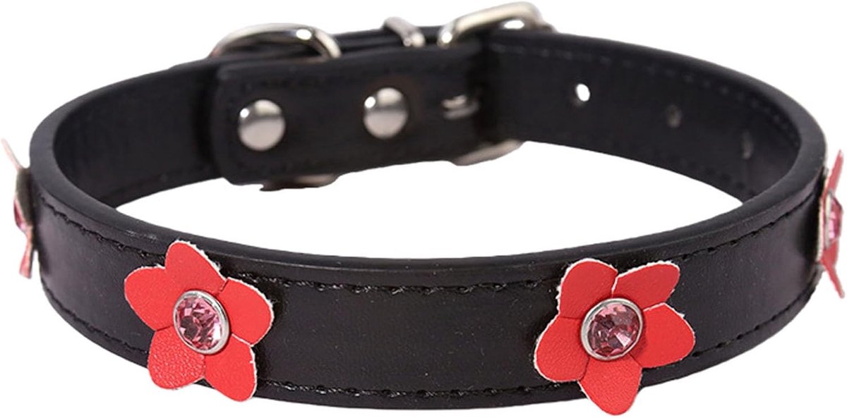 leer, hondenhalsband, kleine honden, mooie bloemen, puppyhalsband voor extra klein, middelgroot, groot, rassen, huisdieren, vrouwelijke honden, katten, zwart, rood, M