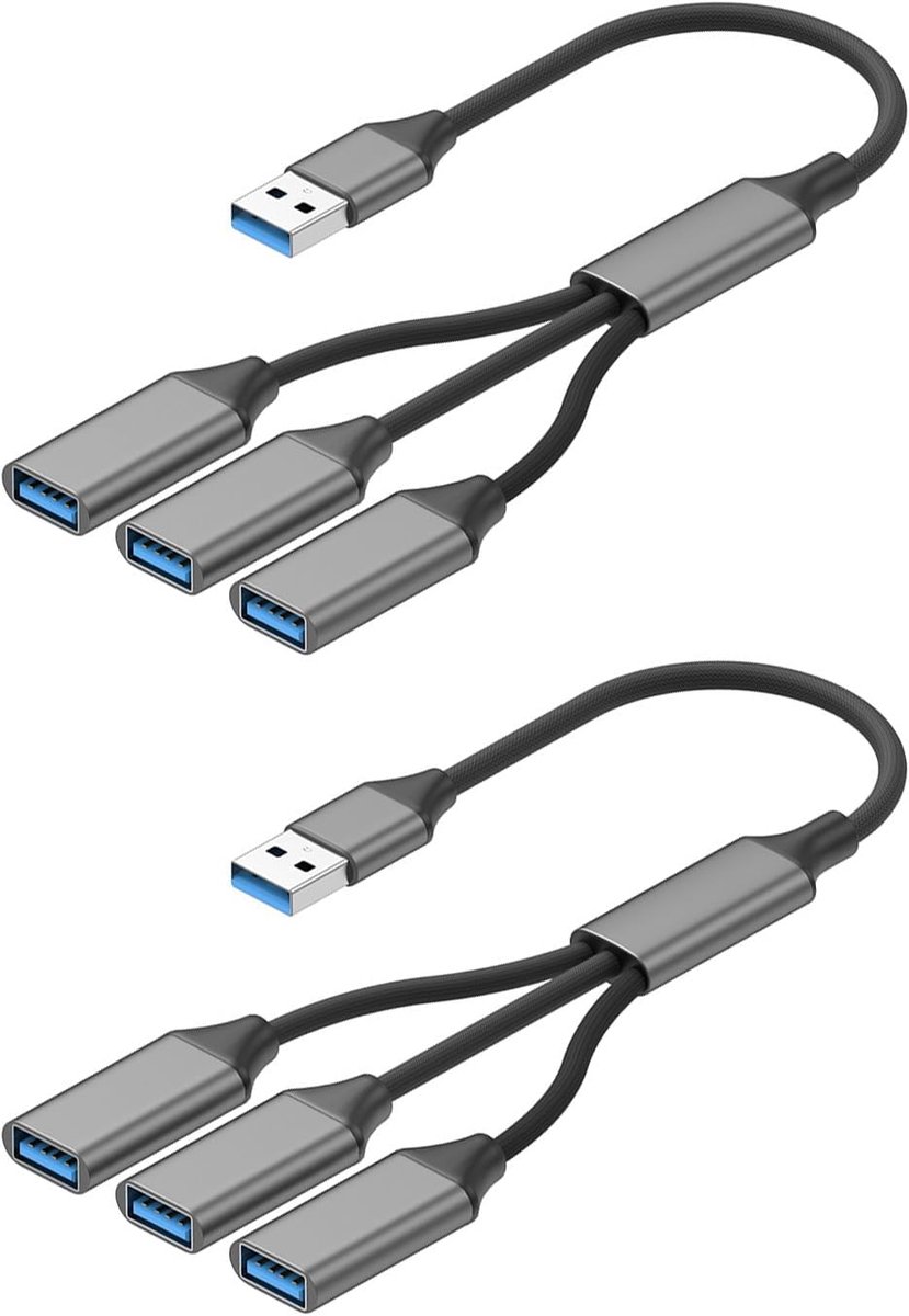 USB 3.0 adapter, 1 stekker naar 3 bus, verlengd, multi-USB-splitter voor laptop, pc, tablet, toetsenbord, muis en apparaten, USB A-kabel, duurzaam en plug & play