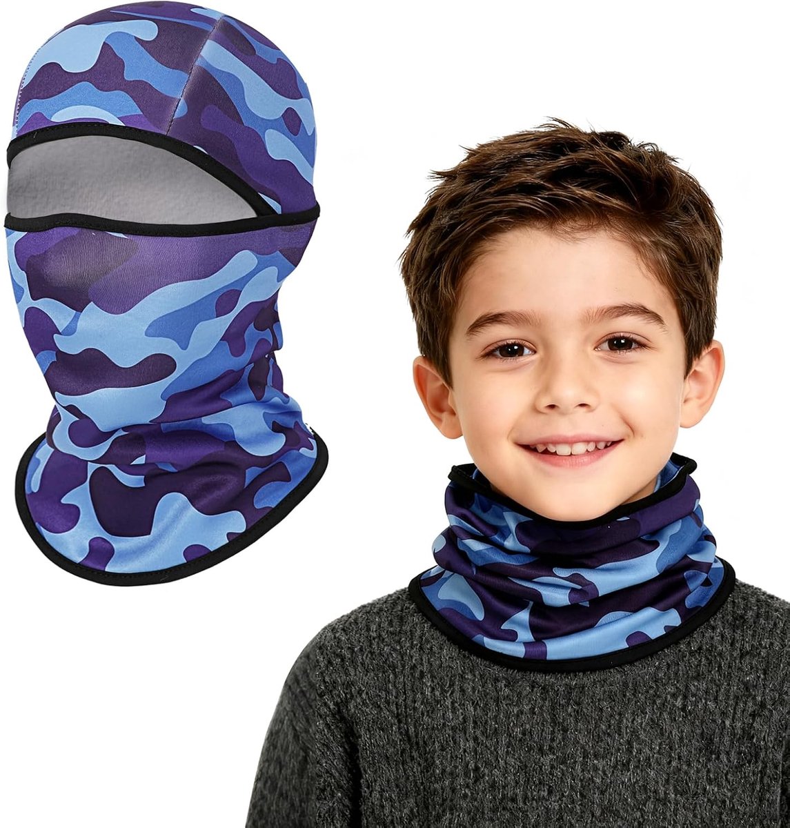 fleece bivakmuts voor kinderen, multifunctionele winddichte camouflage-gezichtsbedekking, skimasker onder helm, warme fleece muts, muts, capuchon, nekwarmer, sjaal voor 4-8 jaar