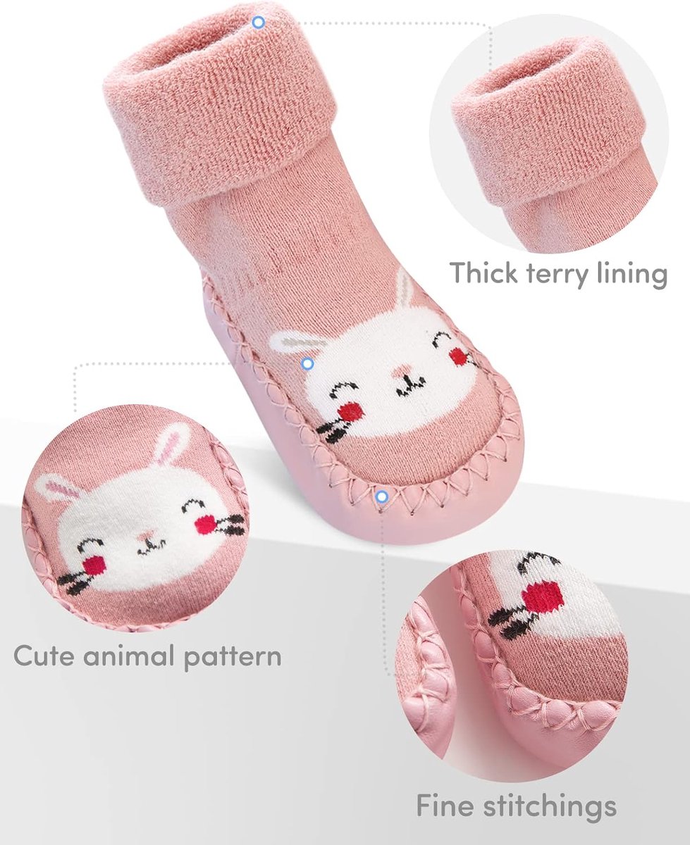 Baby Meisjes Soksloffen Antislip met Badstof 2-Pak Bier & Konijn 17-18 (Fabrikant Maat 12)