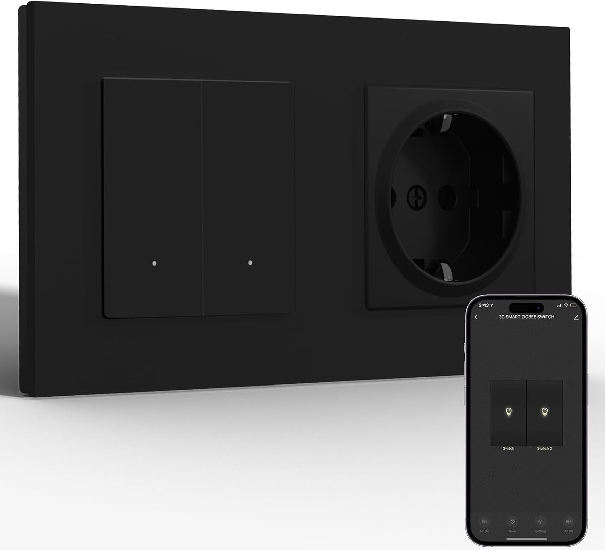 Normal stopcontact met slimme lichtschakelaar (neutrale draad vereist), wifi-schakelaar inbouw compatibel met Alexa en Google Home, drukschakelaar 2-voudig, 1-weg, met PC-lijst, zwart
