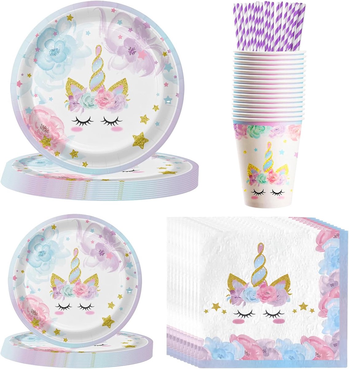 84 stuks eenhoorn feestservies, roze verjaardagsdecoraties voor meisjes, papieren borden, kopjes, servetten en rietjes