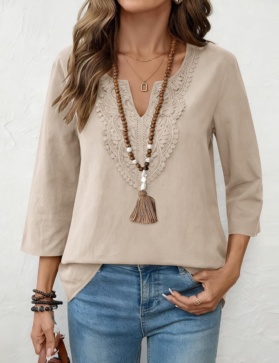 Blouse dames 3/4 mouwen elegant bovendeel V-hals katoen kant tops shirt casual loose fit tuniek